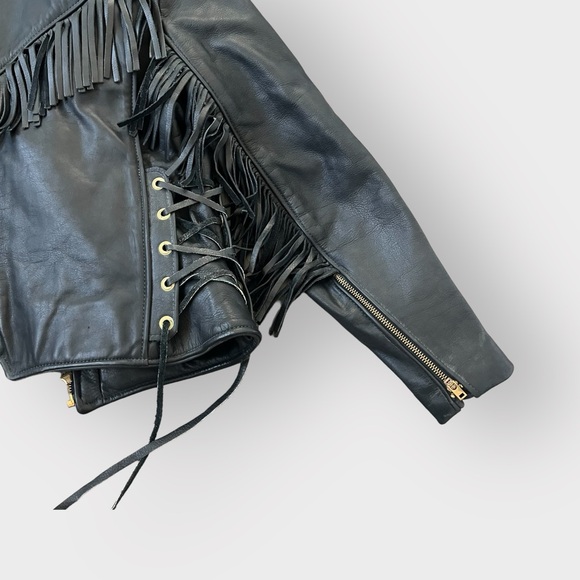 Vintage California Creations Black Fringe Leather Biker Jacket Sz 14 Motorcycle - Picture 8 of 9